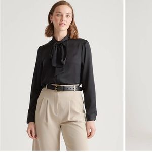 Quince Washable Silk Tie Neck Blouse Black Small NWT